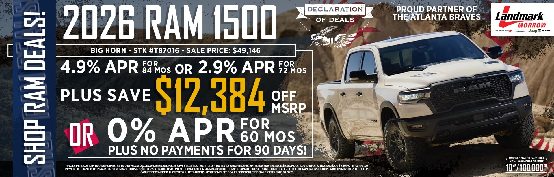 2026 Ram 1500 - Save $12,384 + 4.9% APR For 84 MOs OR 2.9% APR For 72 MOs Off MSRP OR 0% APR For 60 MOs + No Payments For 90 Day