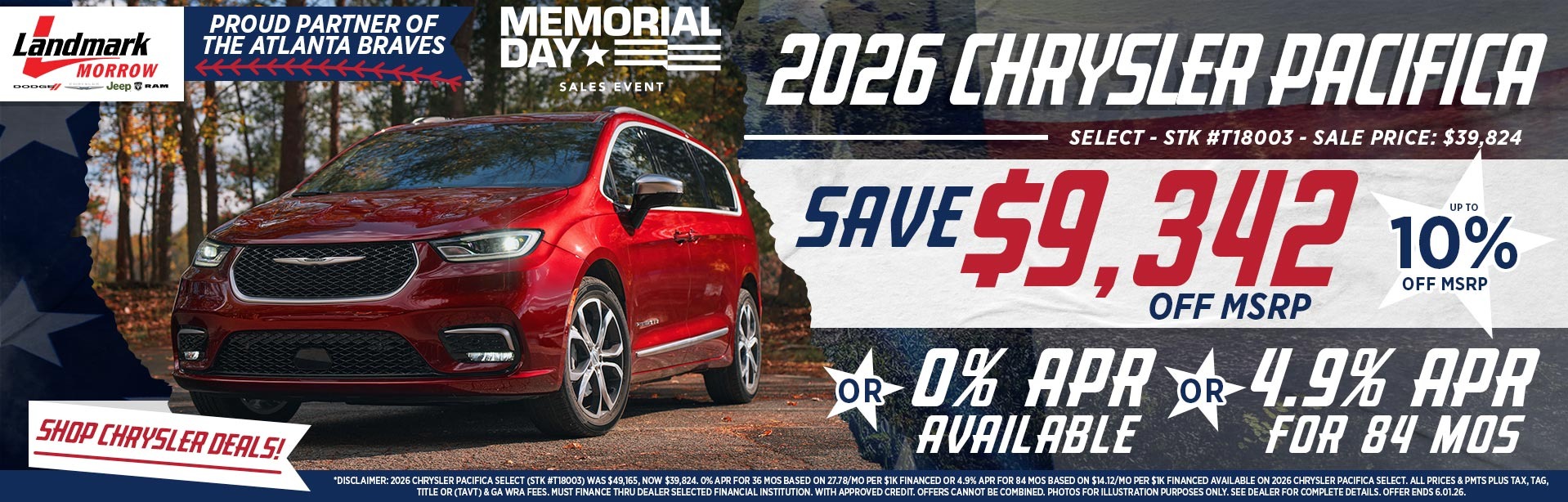 2026 Chrysler Pacifica Select - Save $9,342 Off MSRP OR 0% APR Available OR 4.9% APR For 84 MOs