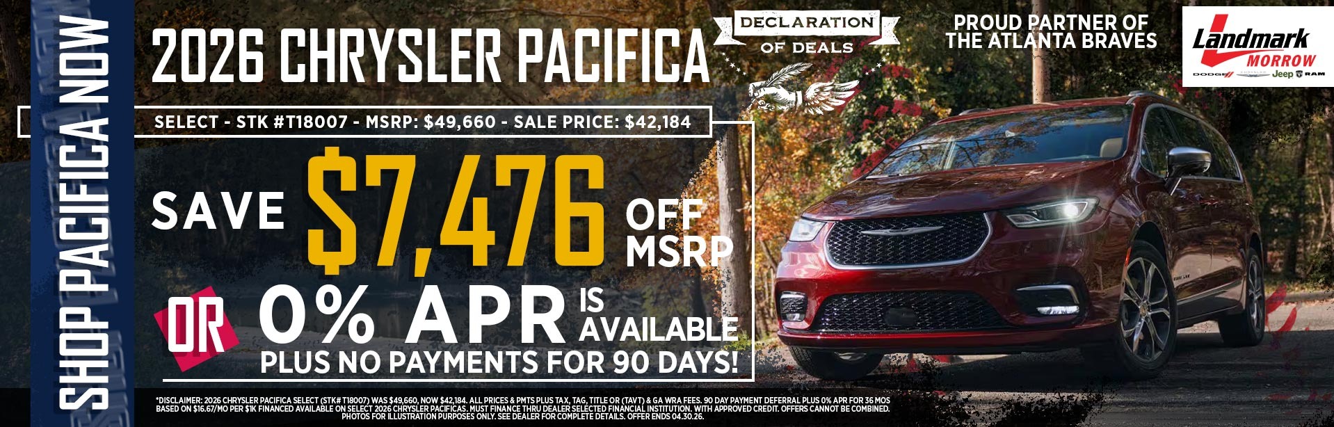 2026 Chrysler Pacifica - Save $7,476 Off MSRP OR 0% APR Is Available + No Payments For 90 Days