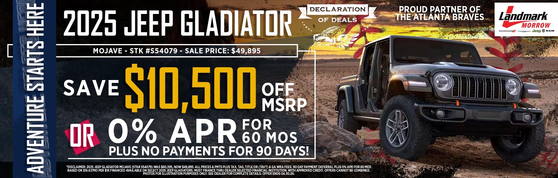 2025 Jeep Gladiator - Save $10,500 Off MSRP OR 0% APR For 60 MOs + No Payments For 90 Days