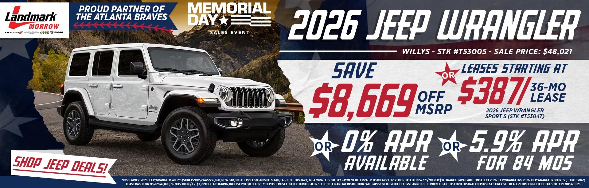 2026 Jeep Wrangler - Save $8,669 Off MSRP OR Leases Starting At $387/mo For 36 MOs OR 0% APR Available OR 5.9% APR For 84 MOs