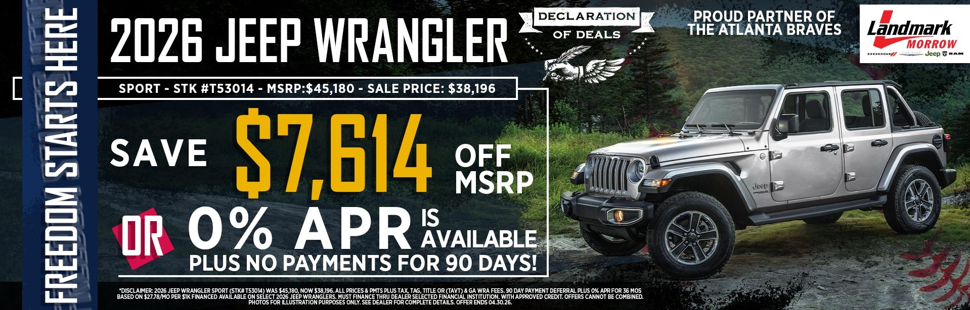 2026 Jeep Wrangler - Save $7,614 Off MSRP OR 0% APR Is Available + No Payments For 90 Days