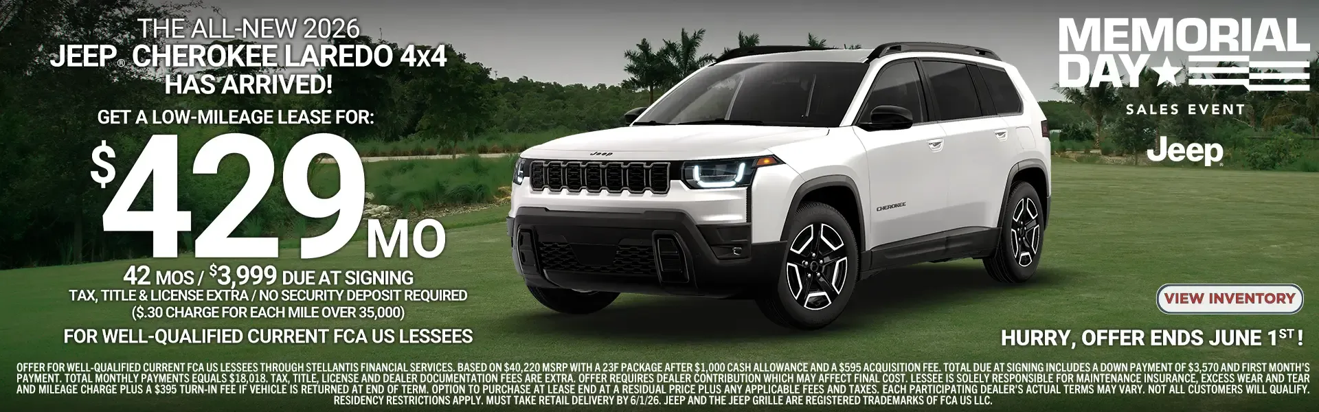 The all-new 2026 Jeep Cherokee Laredo 4x4 lease for $429 per month for 42 months. Memorial Day Sales Event.