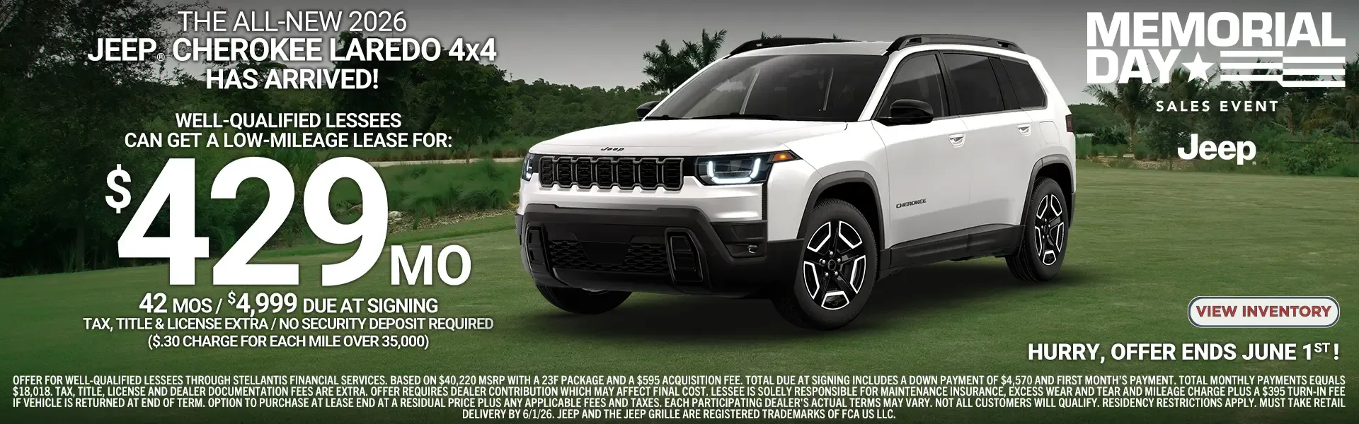 The all-new 2026 Jeep Cherokee Laredo 4x4 lease for $429 per month for 42 months. Memorial Day Sales Event.