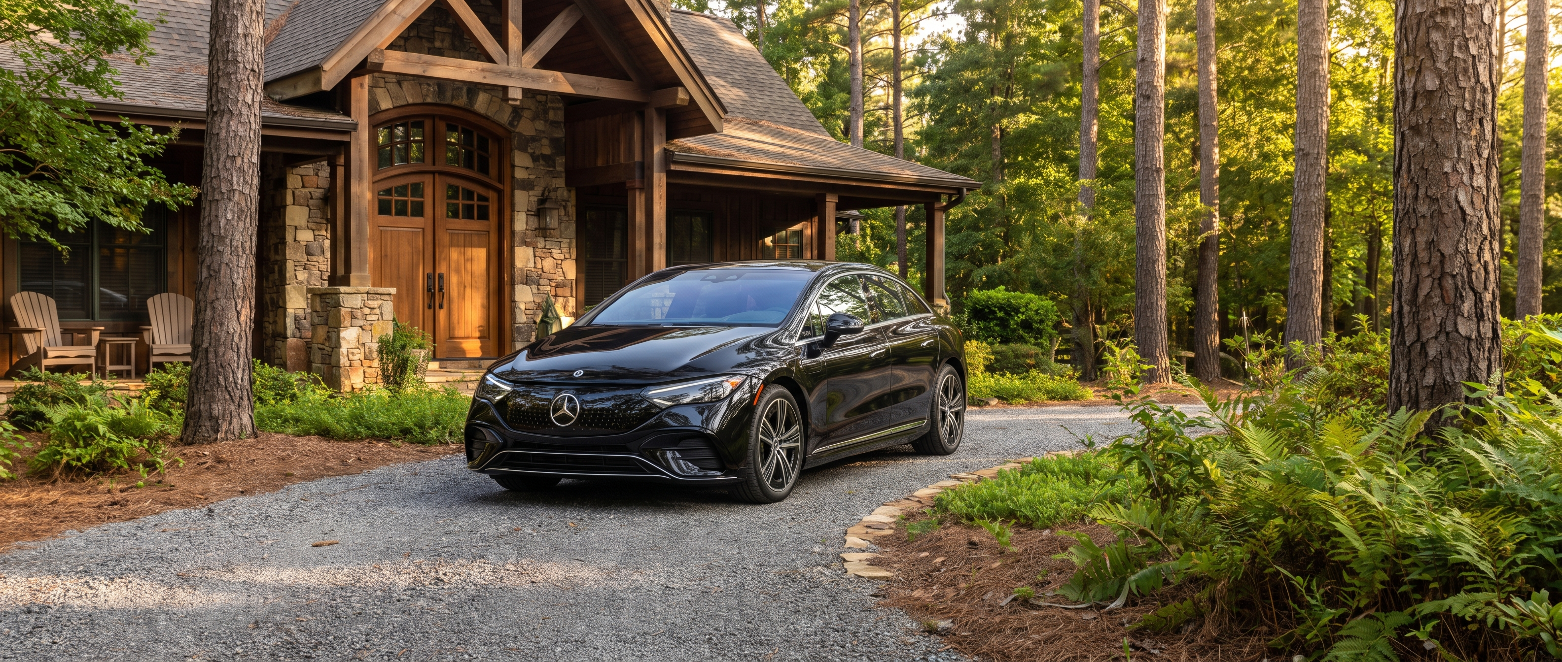 2026 Mercedes-Benz EQS 450+ Sedan at a Georgia resort entrance surrounded by summer pine forest