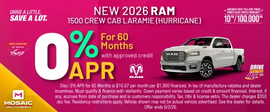 Special offer on 2026 Ram 1500 2026 RAM 1500 CREW CAB LARAMIE (HURRICANE)