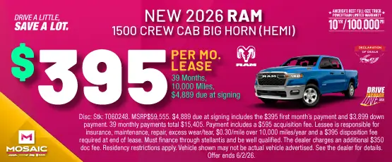 Special offer on 2026 Ram 1500 2026 RAM 1500 CREW CAB BIG HORN (HEMI)