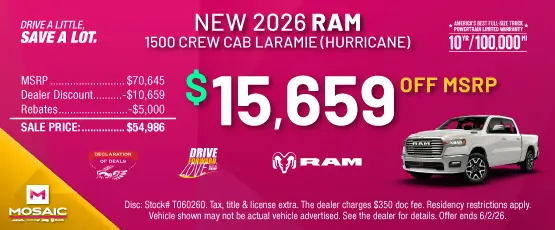 Special offer on 2026 Ram 1500 2026 RAM 1500 CREW CAB LARAMIE (HURRICANE)