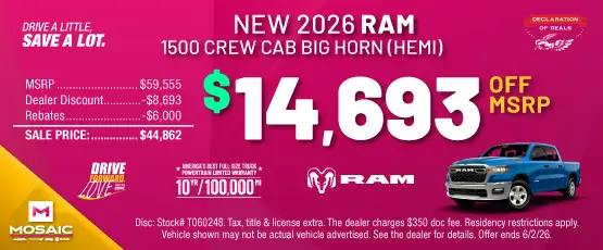 Special offer on 2026 Ram 1500 2026 RAM 1500 CREW CAB BIG HORN (HEMI)