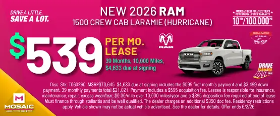 Special offer on 2026 Ram 1500 2026 RAM 1500 CREW CAB LARAMIE (HURRICANE)