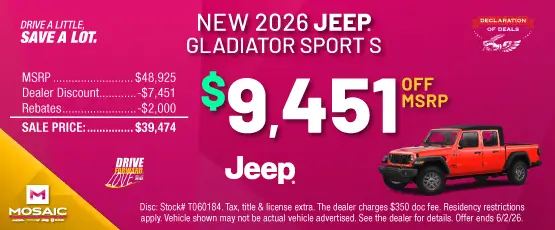 Special offer on 2026 Jeep Gladiator 2026 JEEP GLADIATOR SPORT S