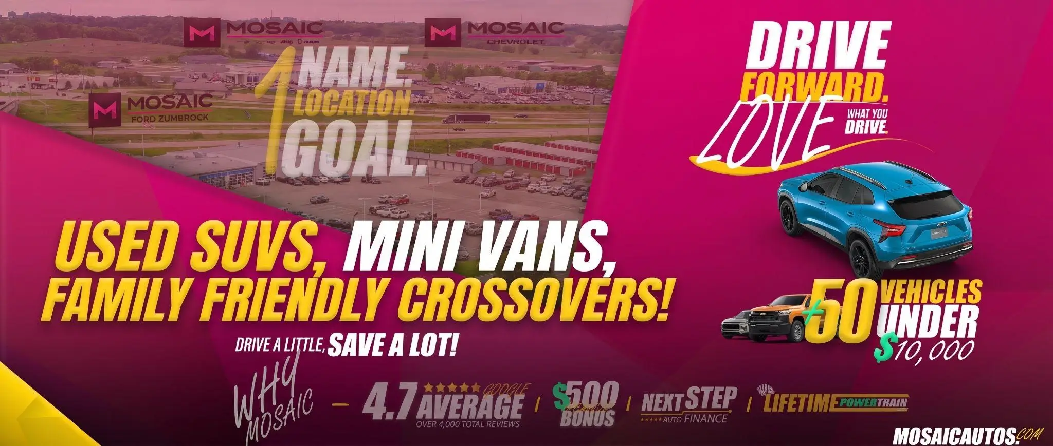 Used SUVs, mini vans, family friendly crossovers — drive a little, save a lot at Mosaic Auto Group.