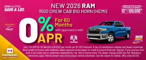 Special offer on 2026 Ram 1500 2026 RAM 1500 CREW CAB BIG HORN (HEMI)