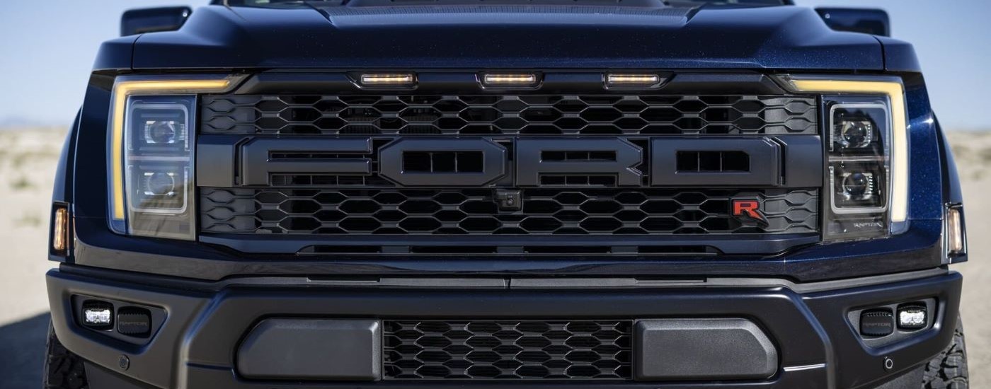 Close-up of the black grille on a 2023 Ford F-150 Raptor R