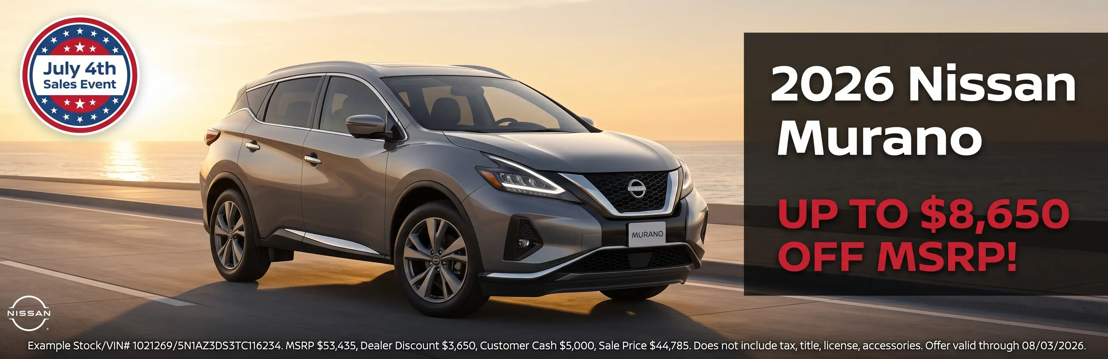 2026 Nissan Murano on a coastal road at sunset — up to $8,650 off MSRP