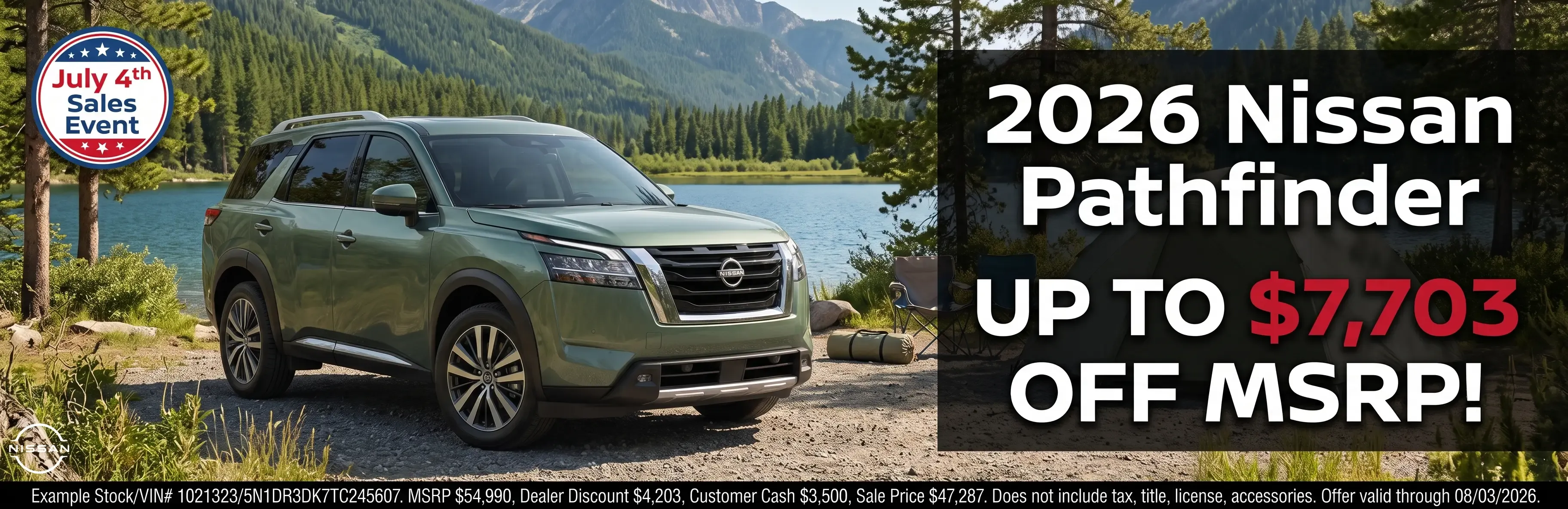 2026 Nissan Pathfinder at a lakeside campground — up to $7,703 off MSRP