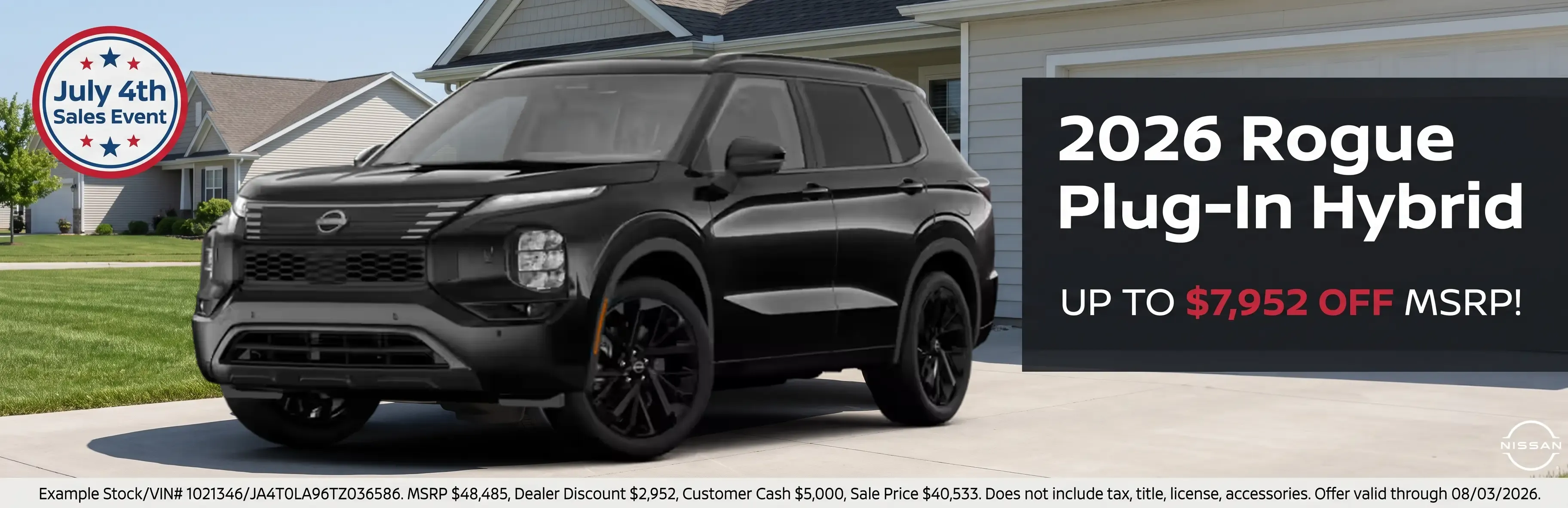 2026 Nissan Rogue Plug-In Hybrid parked in a suburban driveway — up to $7,952 off MSRP