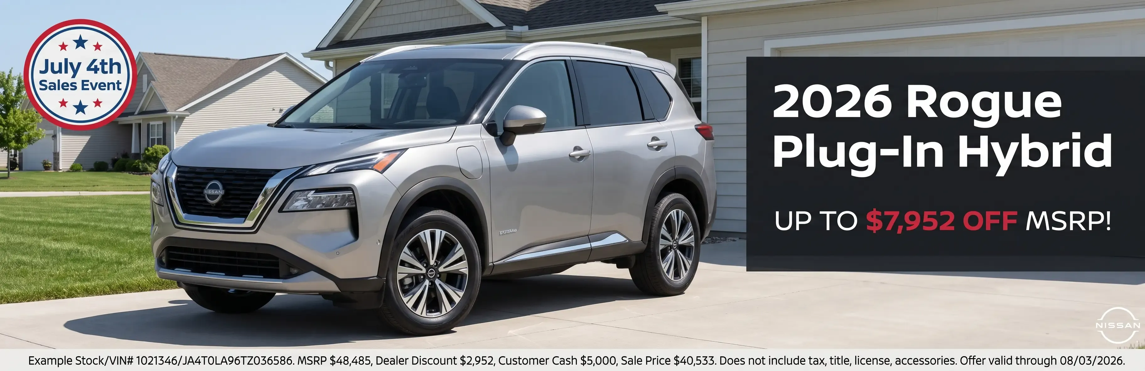2026 Nissan Rogue Plug-In Hybrid parked in a suburban driveway — up to $7,952 off MSRP