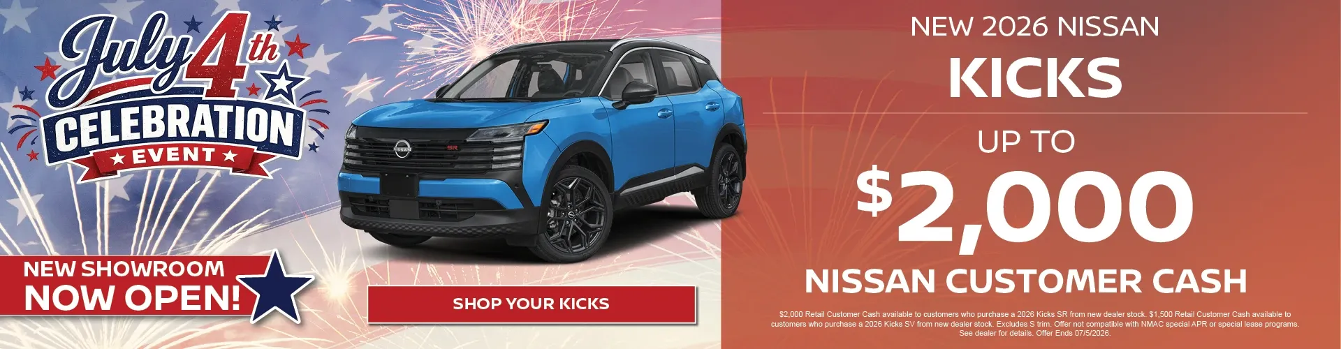 Nissan of Fort Myers July 4th sale: new 2026 Nissan Kicks with up to $2,000 customer cash.