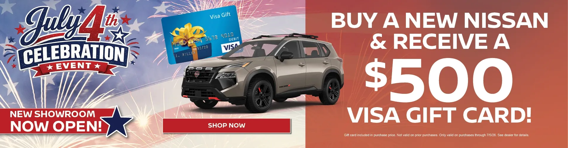 Nissan of Fort Myers July 4th offer: buy a new Nissan and receive a $500 Visa gift card.