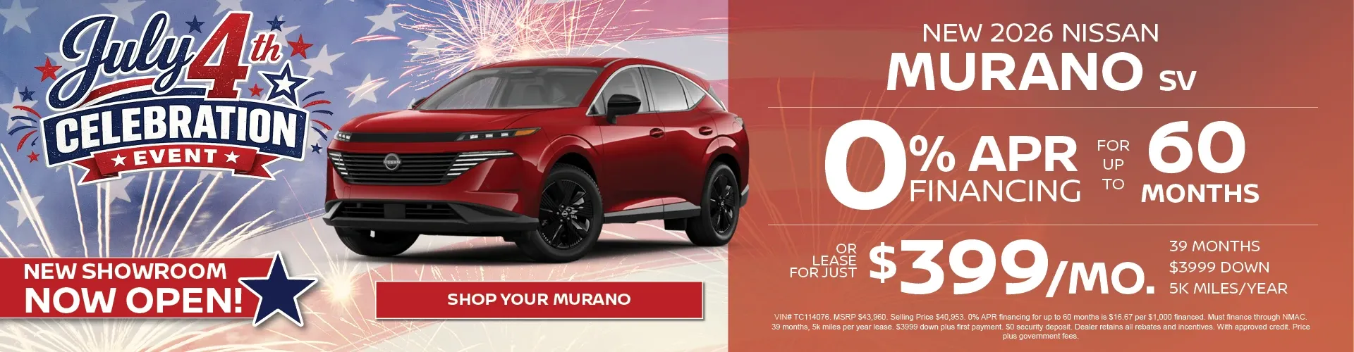 Nissan of Fort Myers July 4th sale: new 2026 Nissan Murano SV at 0% APR for 60 months or $399/mo.