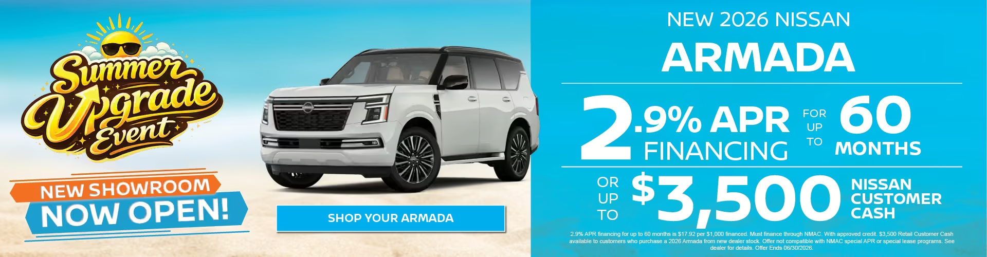 New 2026 Nissan Armada with 2.9 percent financing for up to 60 months or up to $3,500 Nissan customer cash.