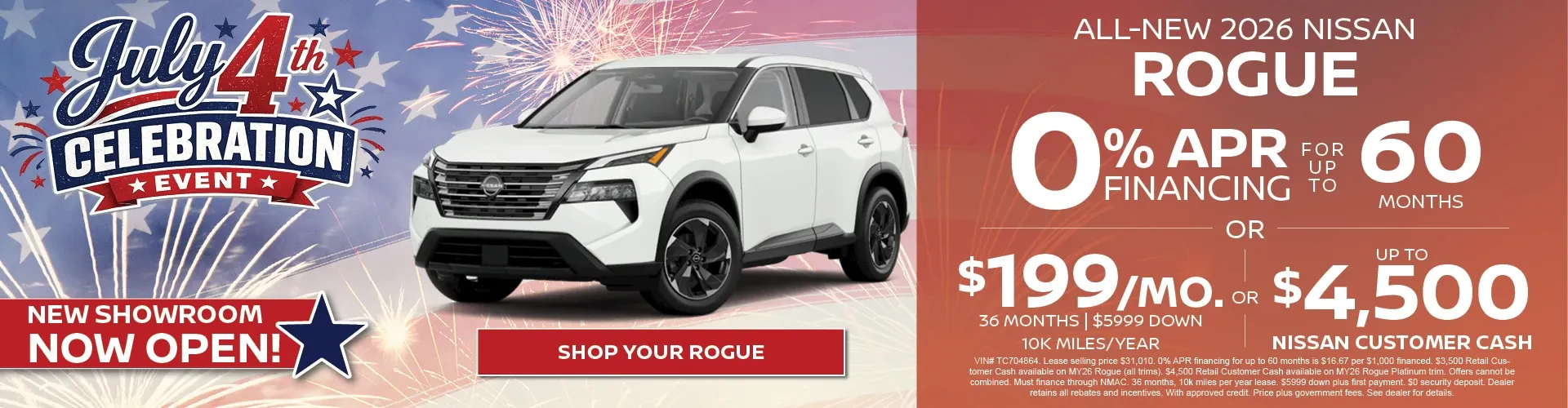 Alt text: Nissan of Fort Myers July 4th sale: new 2026 Nissan Rogue at 0% APR for 60 months or $199/mo.