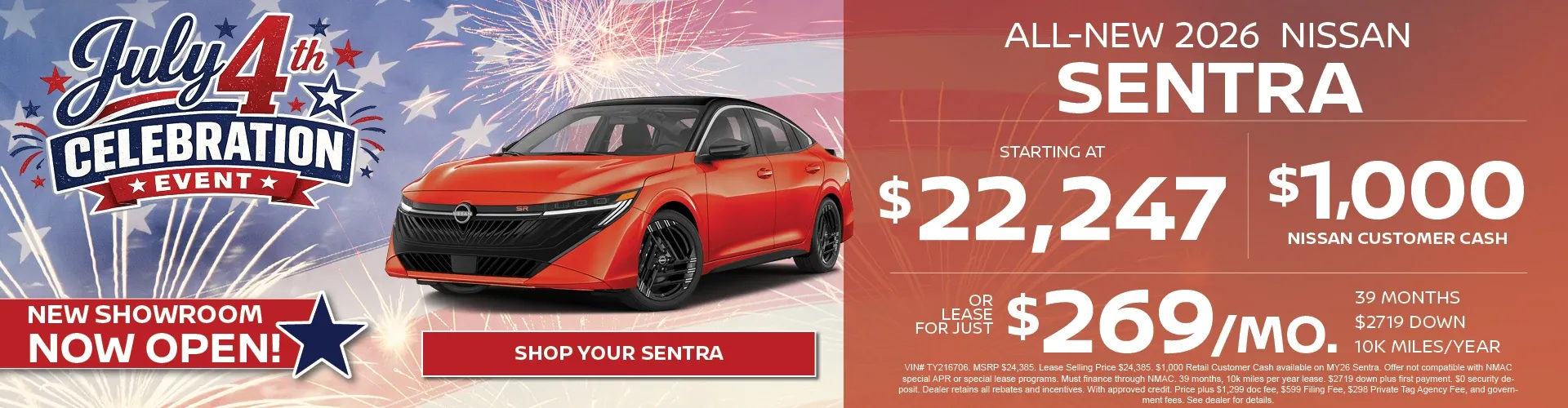 Nissan of Fort Myers July 4th sale: all-new 2026 Nissan Sentra from $22,247 or $269/mo.