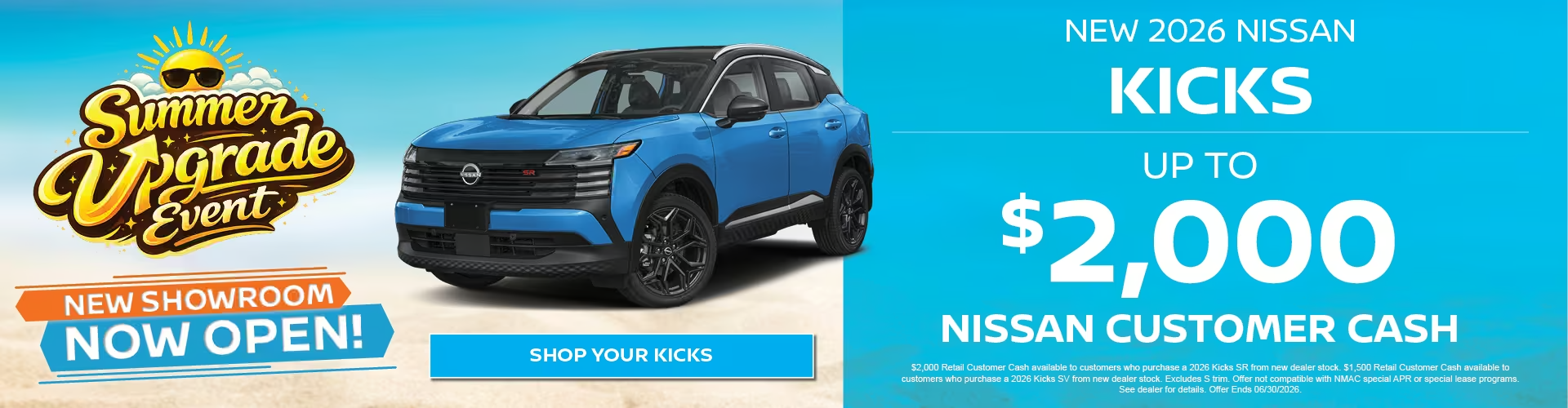 Summer Upgrade Event new 2026 Nissan Kicks with up to $2,000 Nissan customer cash.