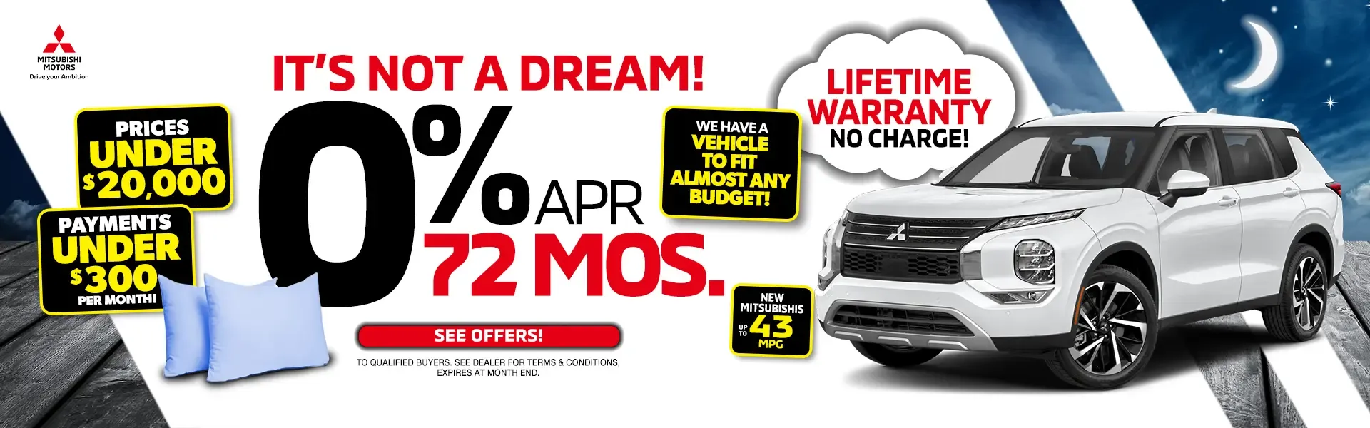 White Mitsubishi Outlander - 0% APR for 72 months, prices under $20,000, payments under $300/mo, lifetime warranty at no charge
