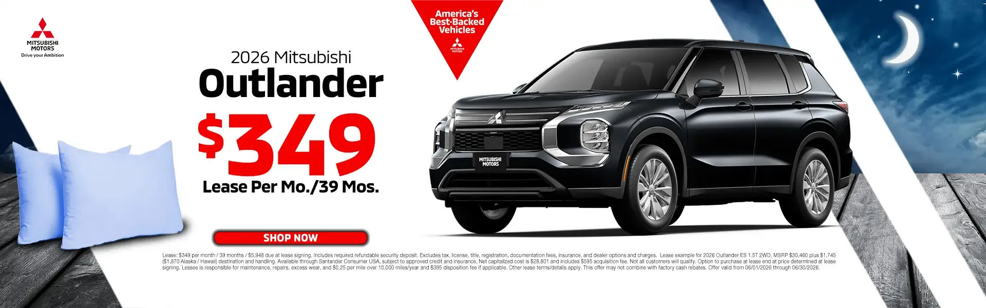 Lease the 2026 Mitsubishi Outlander for $349 per month for 39 months.
