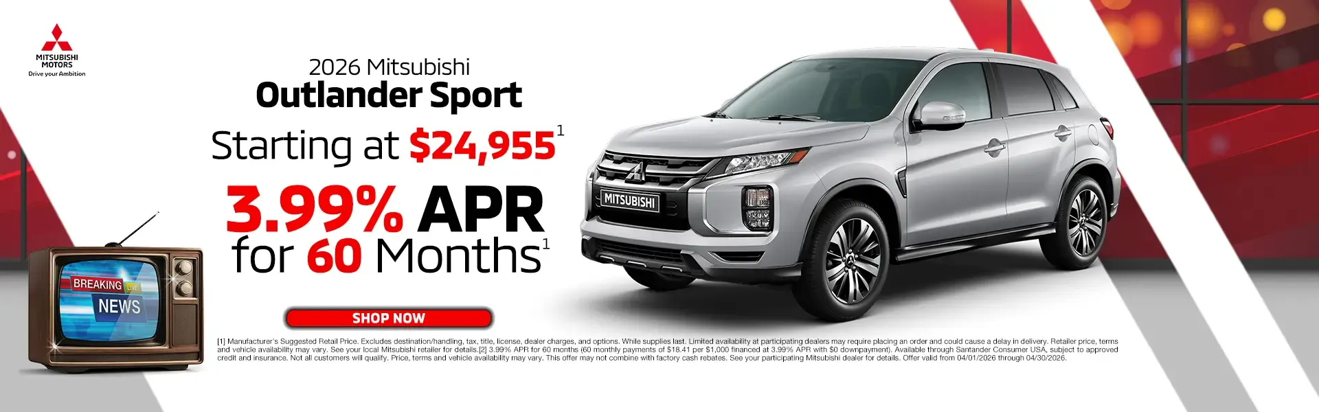 2026 Mitsubishi Outlander Sport starting at 24955 dollars with 3.99 percent financing for 60 months
