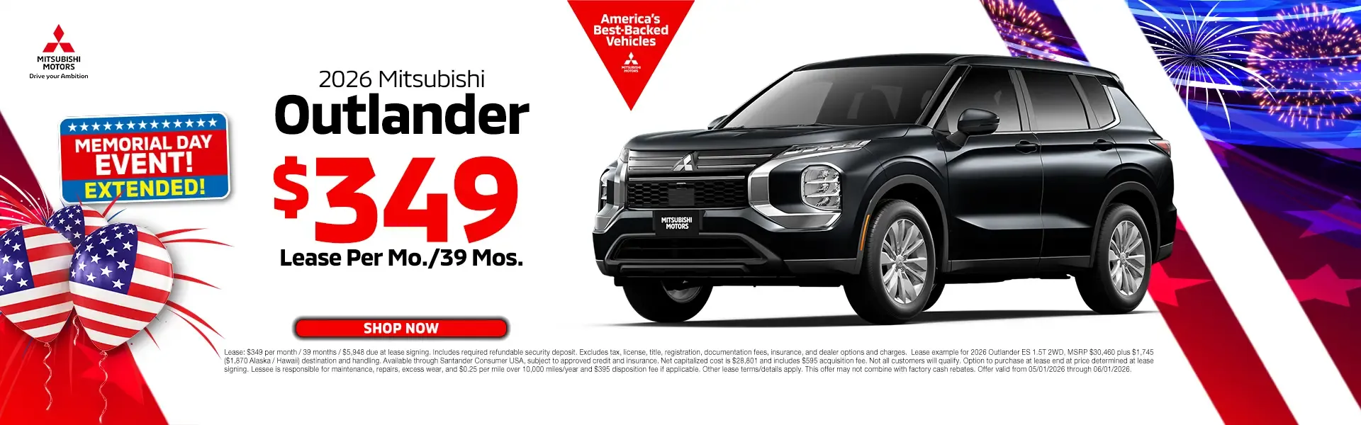 2026 Mitsubishi Outlander lease for $349 per month for 39 months. America's Best-Backed Vehicles