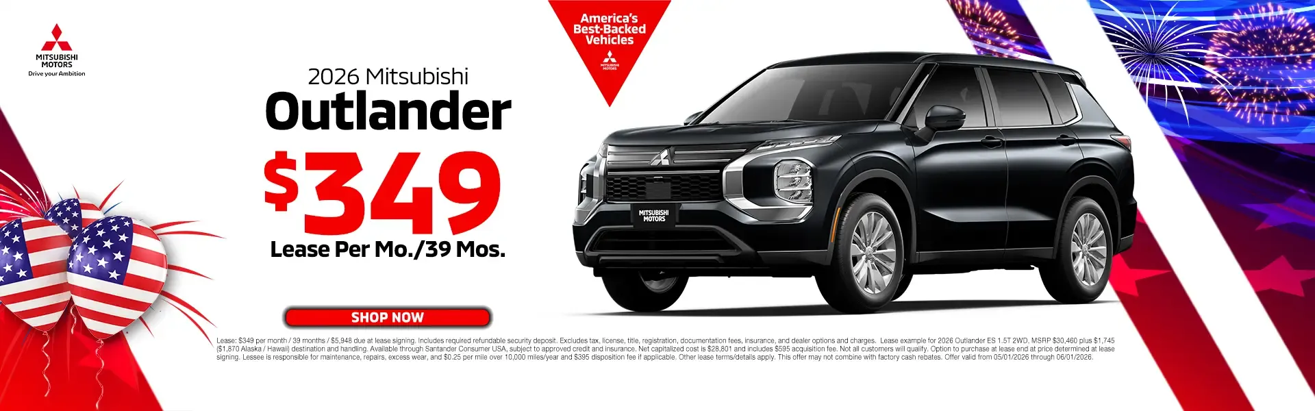 2026 Mitsubishi Outlander lease for $349 per month for 39 months. America's Best-Backed Vehicles