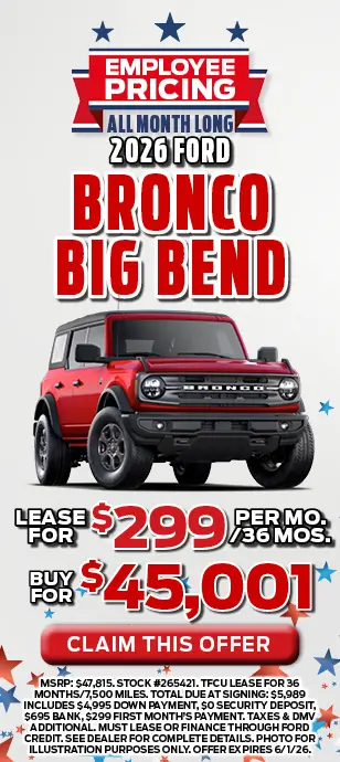2026 Ford Bronco Big Bend: $319 per month for 36 months at Sayville Ford