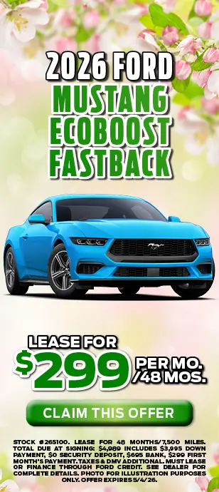2026 Ford Mustang EcoBoost Fastback: $289 per month for 36 months at Sayville Ford