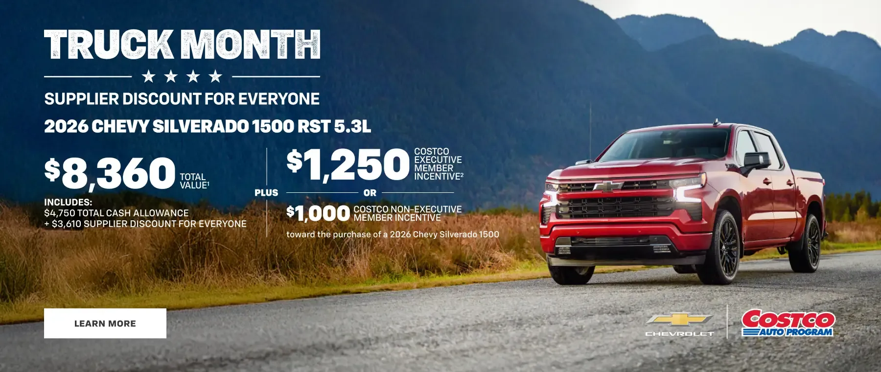 2026 Chevy Silverado 1500 RST Truck Month $8,360 total value plus Costco member incentive