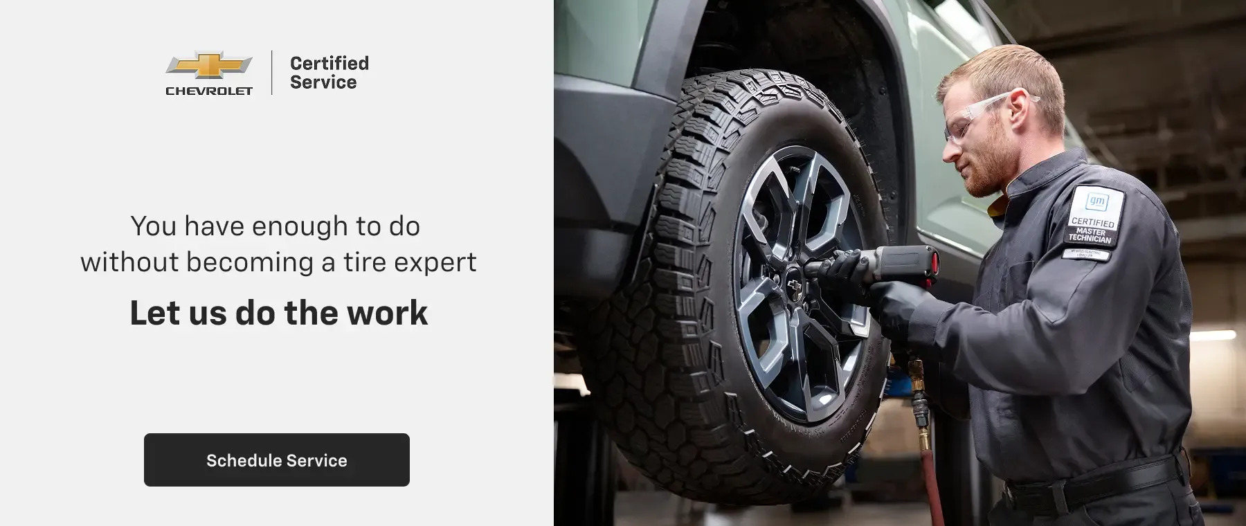 Chevrolet Certified Service GM master technician performing tire service schedule appointment