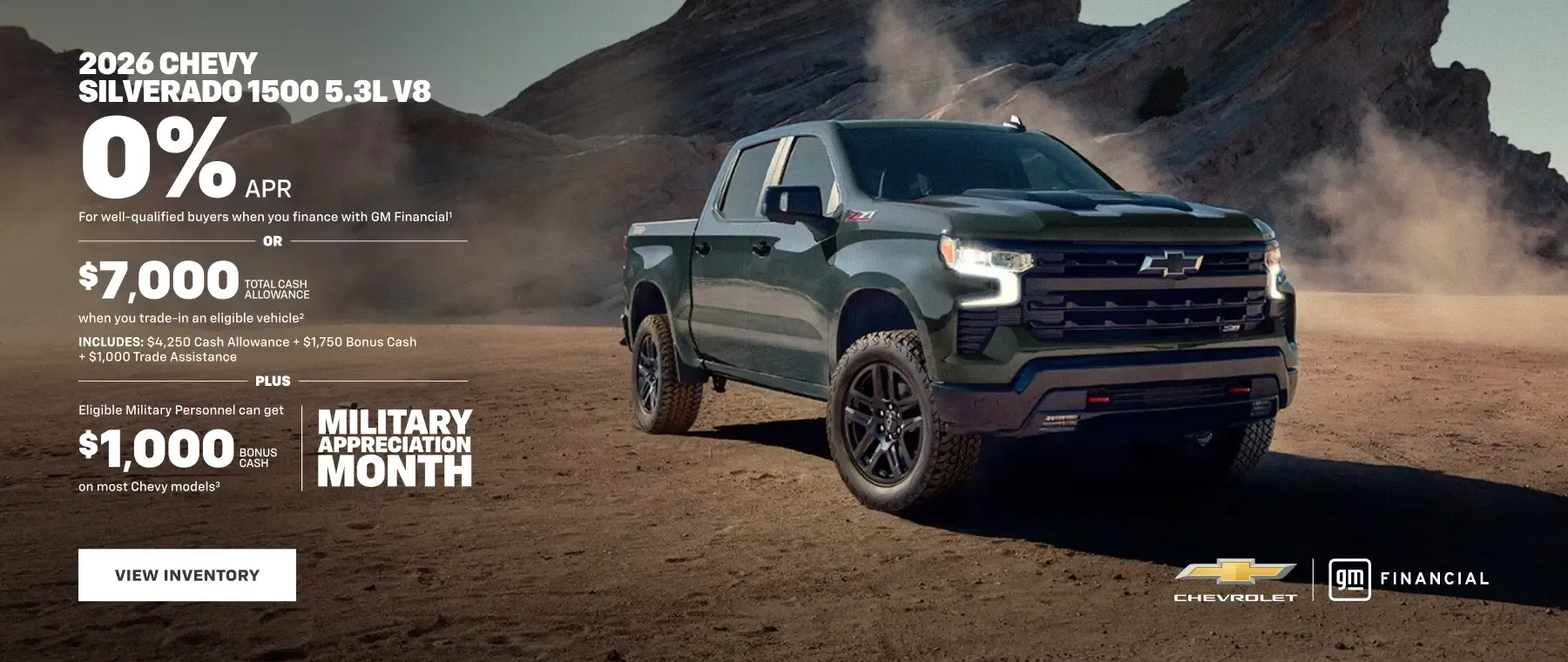 2026 Chevy Silverado 1500 5.3L V8 0% APR or $7,000 total cash allowance. Military Appreciation Month.