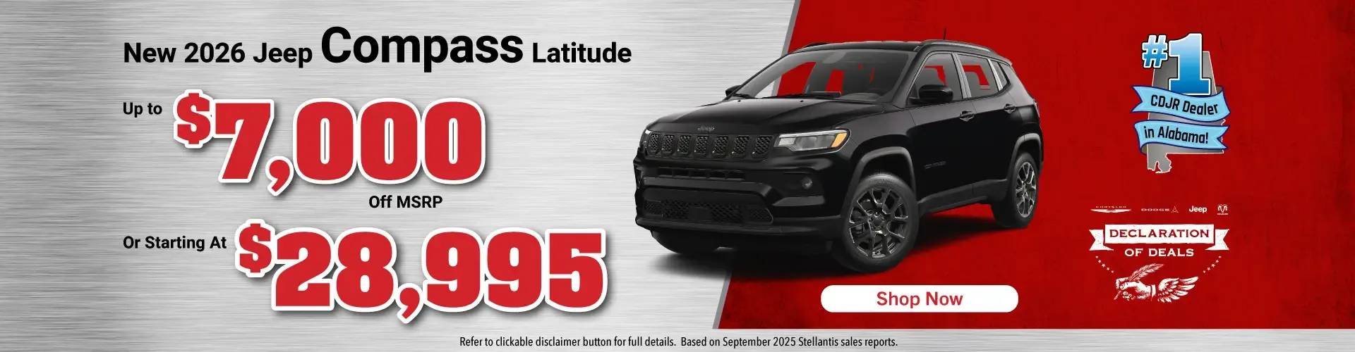 New 2026 Jeep Compass Latitude up to 7000 dollars off or starting at 28995 dollars Declaration of Deals event