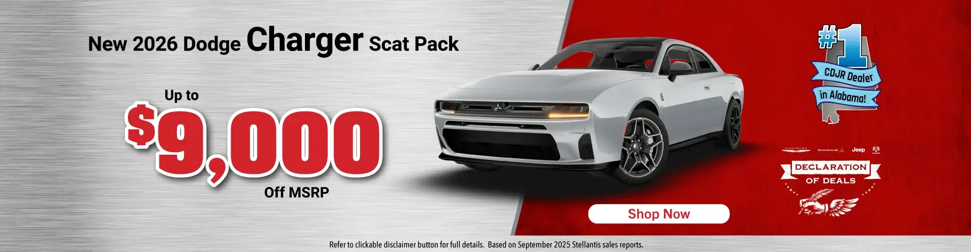 New 2026 Dodge Charger Scat Pack up to 9000 dollars off manufacturer suggested retail price Declaration of Deals event