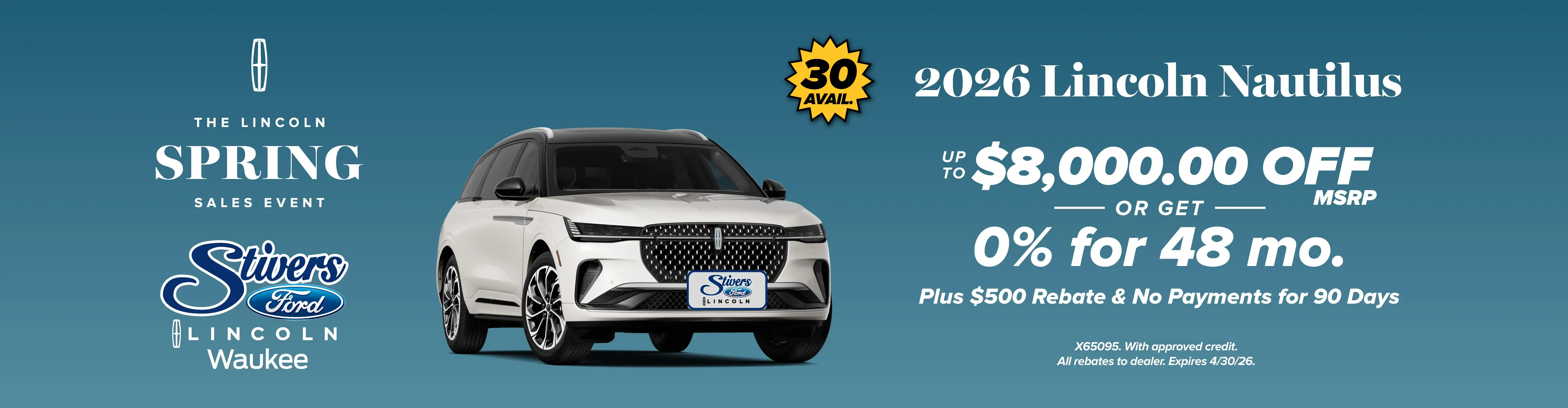 2026 Lincoln Nautilus up to 8000 dollars off or zero percent for 48 months plus 500 dollar rebate at Stivers Ford Lincoln