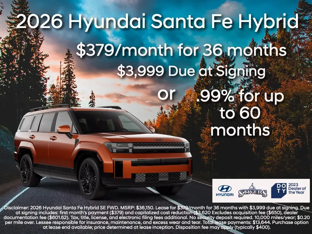 2026 Hyundai Santa Fe Hybrid on desert highway with 379 dollars monthly lease or point 99 percent financing offer