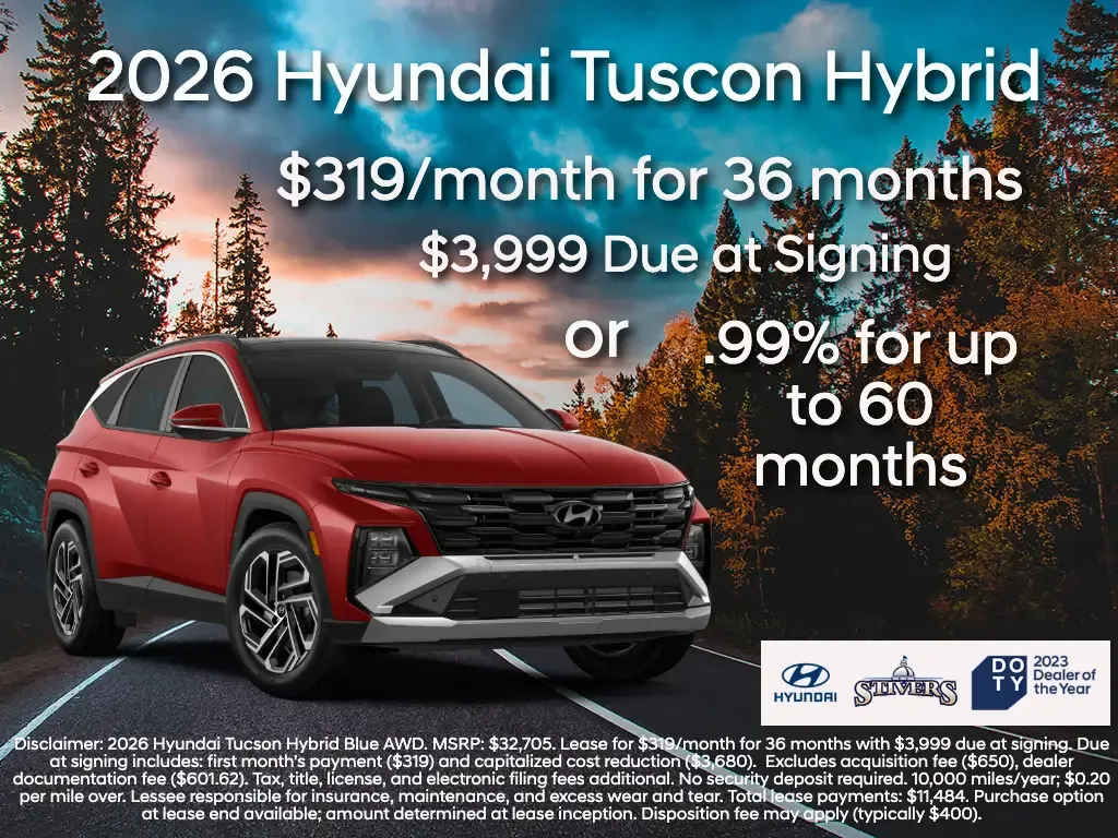 2026 Hyundai Tucson Hybrid on desert road with 319 dollars monthly lease or point 99 percent financing offer
