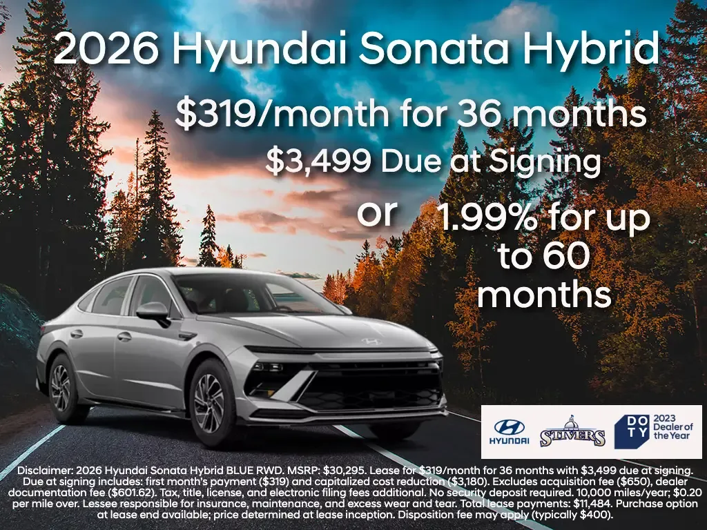 2026 Hyundai Sonata Hybrid on desert highway with 319 dollars monthly lease or 1.99 percent financing promotion