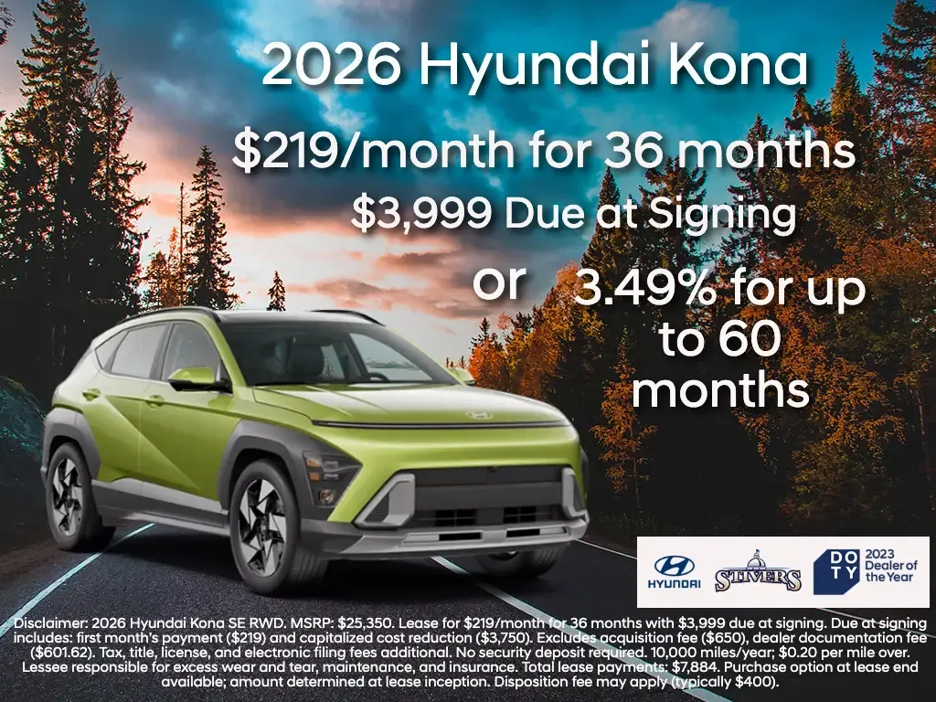 2026 Hyundai Kona crossover on open road with mountains featuring 219 dollars monthly lease or 3.49 percent financing