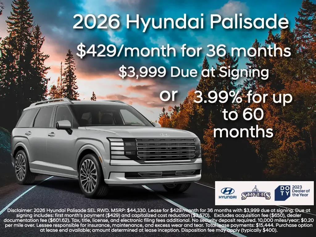2026 Hyundai Palisade driving on hillside highway with 429 dollars monthly lease or 3.99 percent financing offer
