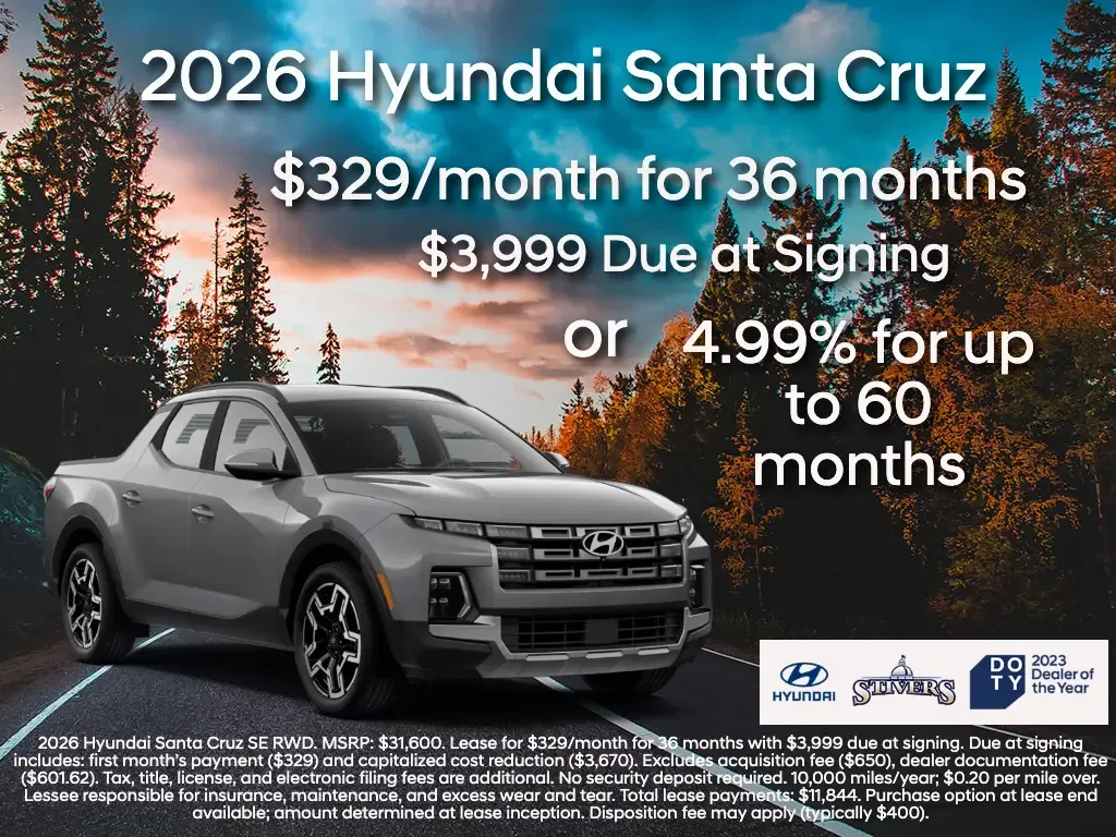 2026 Hyundai Santa Cruz pickup truck with mountain backdrop featuring 329 dollars monthly lease or 4.99 percent financing