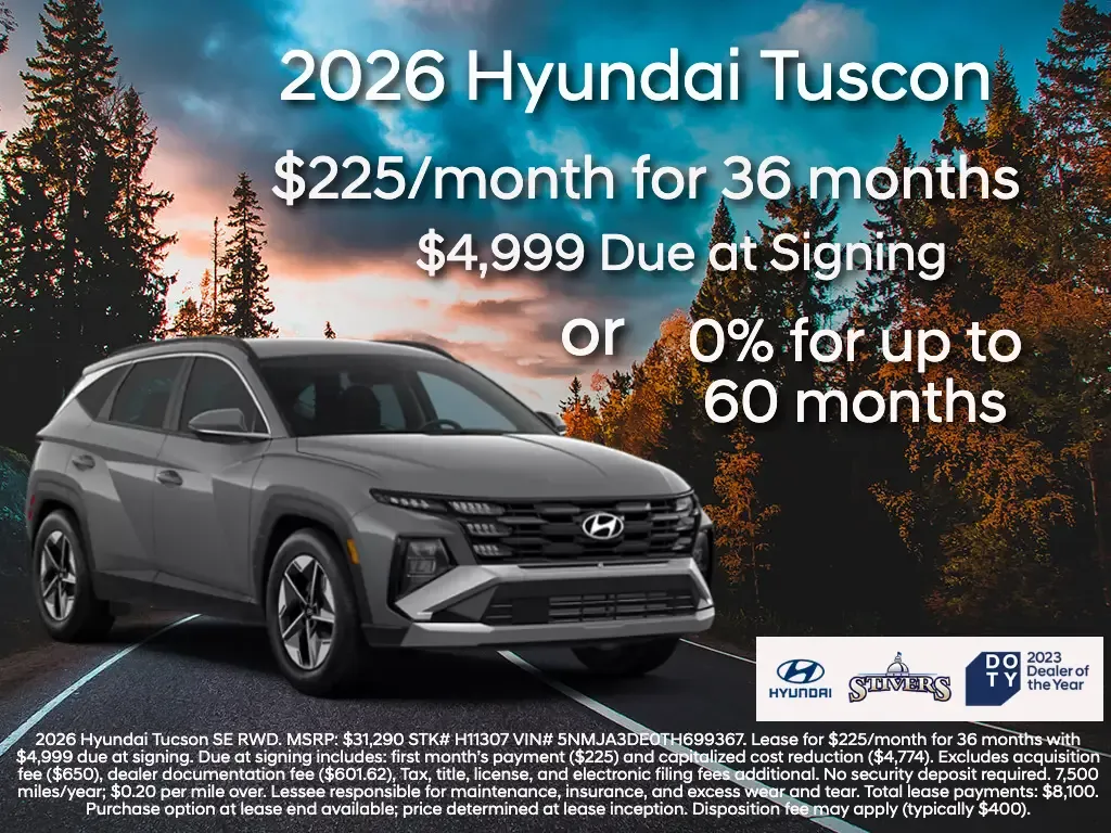 2026 Hyundai Tucson cruising on hillside road with 225 dollars monthly lease or zero percent financing for 60 months