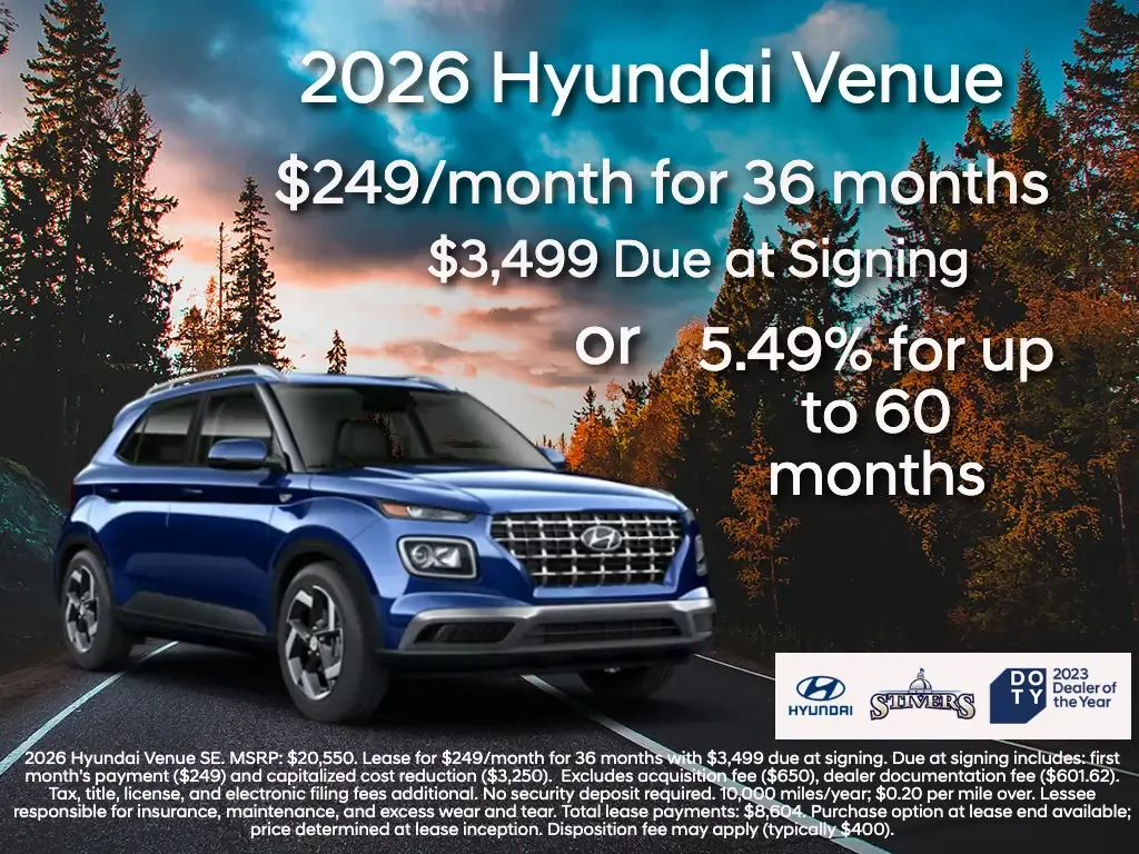 2026 Hyundai Venue subcompact crossover on scenic road with 249 dollars monthly lease or 5.49 percent financing offer
